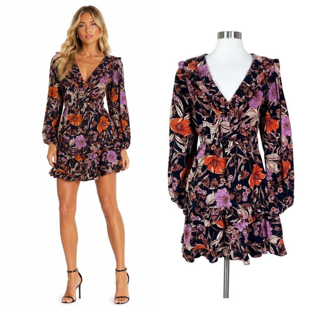 Anthropologie | Pilcro Floral Ruffle Corduroy Black Orange Purple Mini Dress L